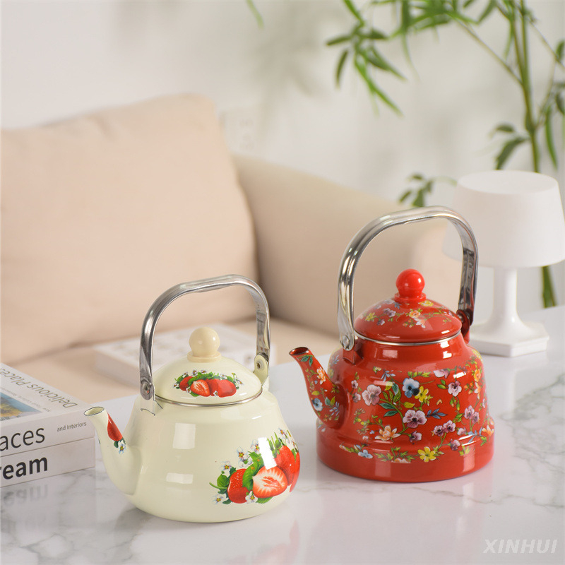  Enameled Teakettle with Porcelain Cool Handle Enamel Tea Kettle Stovetop Vintage Teapot