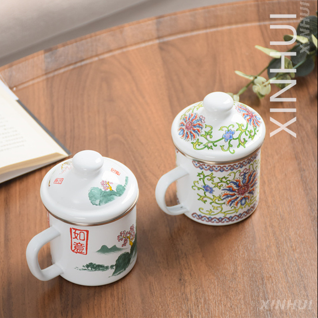 Porcelain Flowers Enamel Mug with Lid Tea Cup Classic Tea Set