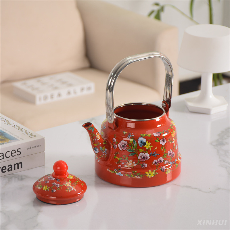  Enameled Teakettle with Porcelain Cool Handle Enamel Tea Kettle Stovetop Vintage Teapot