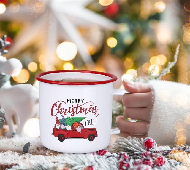 Christmas Gift Mugs Christmas Tree Truck Printed Red Enamel Coffee Cups