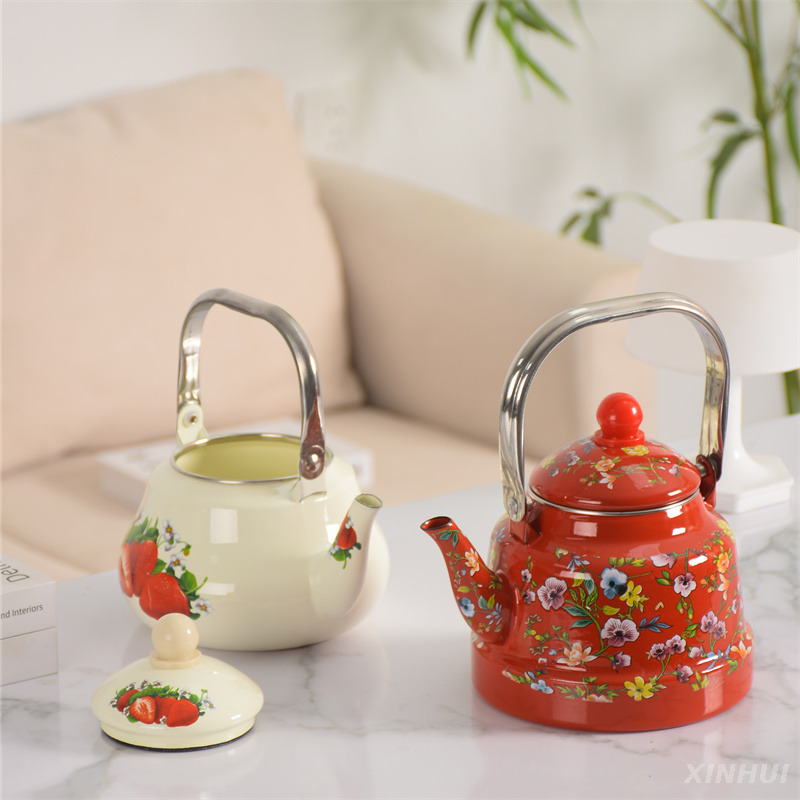  Enameled Teakettle with Porcelain Cool Handle Enamel Tea Kettle Stovetop Vintage Teapot