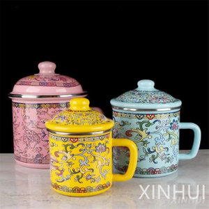 Thickened Exotic Style Enamel Tea Jar Classic with Lid Kitchen Beverage Cup