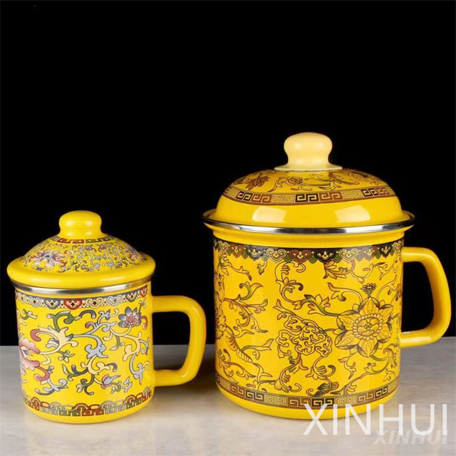 Thickened Exotic Style Enamel Tea Jar Classic with Lid Kitchen Beverage Cup