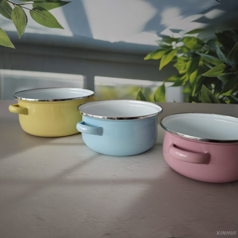 Pastel Soup pan Set with Glass Lid Kitchen Double-spout Enamel Pot