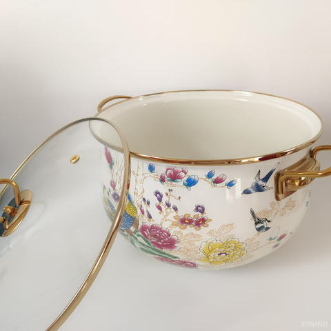 Enamel Cooking Pot with Lid, Vintage Soup Pot Floral Simmer Pot with Handle for Kitchen
