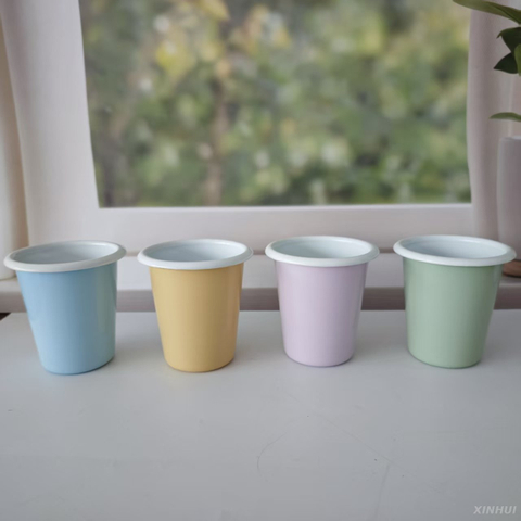  Pastel Enamel Mug Set – 4 Colors (Yellow, Pink, Green, Blue) – Horizontal Arrangement, Minimalist Style, Ideal for Home Decor or Gifts 