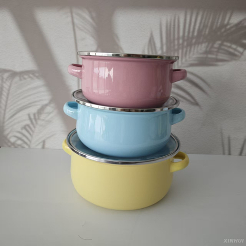 Enamel Pot Set with Double Handle Pink Yellow Blue-ideal for small kitchen baby food