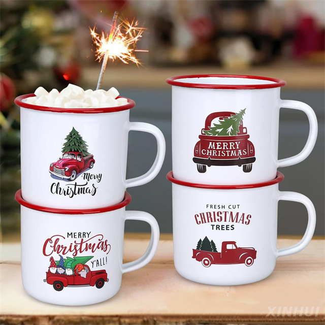 Christmas Gift Mugs Christmas Tree Truck Printed Red Enamel Coffee Cups