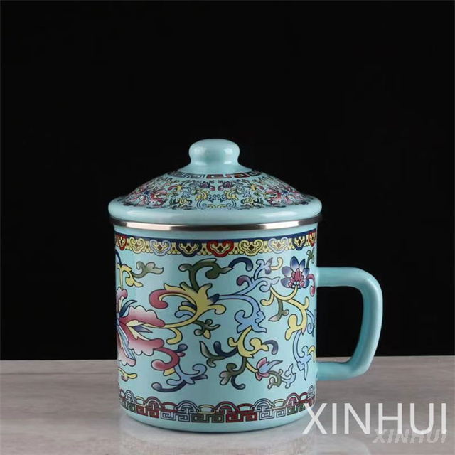 Thickened Exotic Style Enamel Tea Jar Classic with Lid Kitchen Beverage Cup