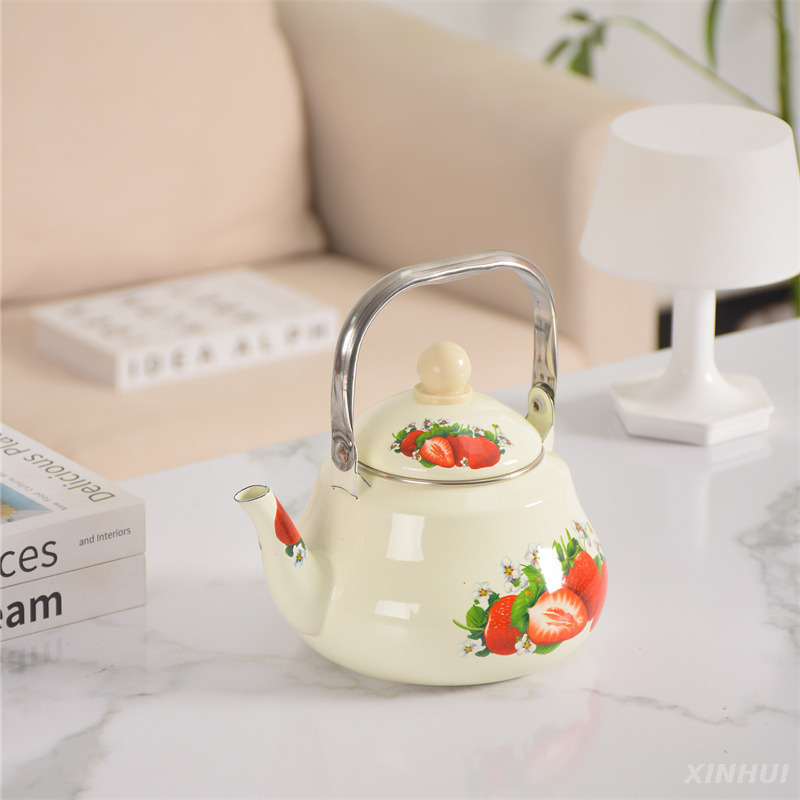  Enameled Teakettle with Porcelain Cool Handle Enamel Tea Kettle Stovetop Vintage Teapot