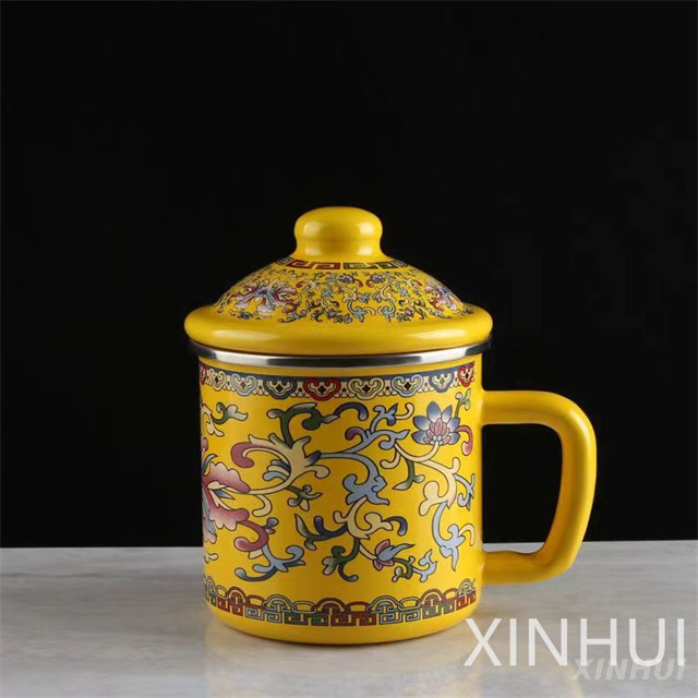 Thickened Exotic Style Enamel Tea Jar Classic with Lid Kitchen Beverage Cup