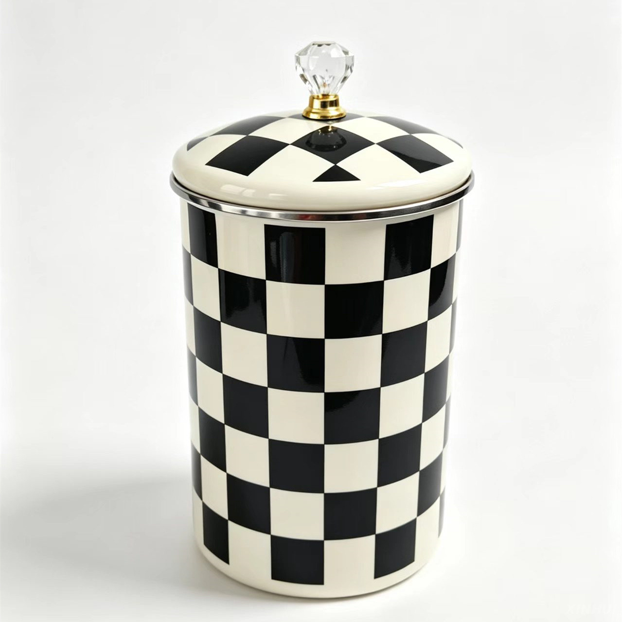 Black and white checkerboard enamel storage canister with lid for kitchen