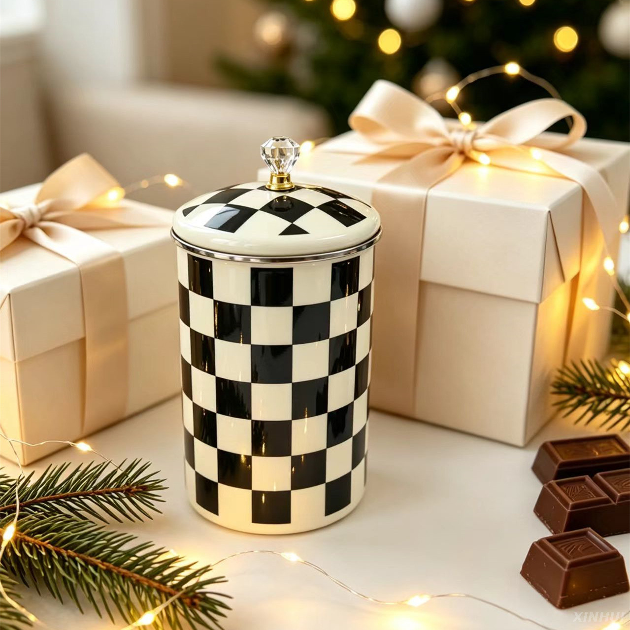 Retro enamel jar packaged in gift box for housewarming present